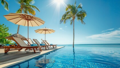 Fototapeta premium Luxury beach resort hotel swimming pool and palm trees, happy tourism vacation background