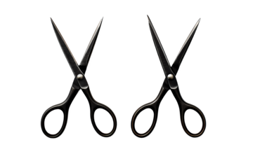 Close-up image of two pairs of scissors on a black background, showcasing sharp, modern design ideal for cutting tasks in various applications.