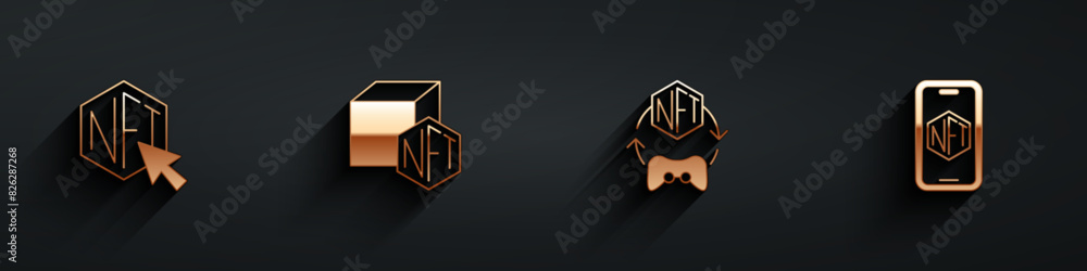 Poster set nft digital crypto art, and mobile with store app icon with long shadow. vector