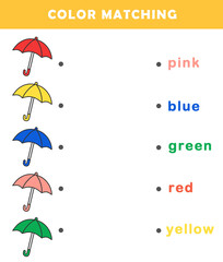 Color matching game for preschool kids. Color Matching Activities for Toddlers. Fun puzzle with cute cartoon umbrella. Color matching worksheet for children.	