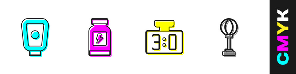 Set Boxing training paws, Energy drink, Sport mechanical scoreboard and Punching bag icon. Vector