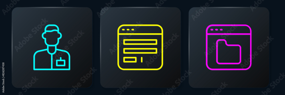 Poster set line analyst engineer, browser files and window. black square button. vector