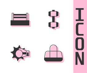 Set Sport bag, Boxing ring, Punch boxing glove and Dumbbell icon. Vector