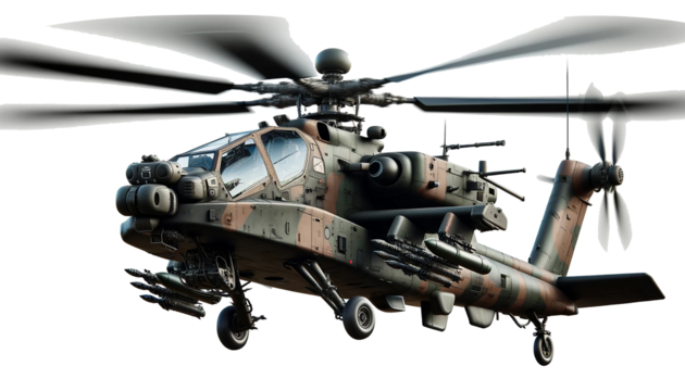 Large military helicopter in flight, isolated on a white background. The helicopter has a rugged and powerful appearance with a camouflage paint job.