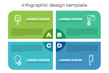 Set line Chef hat, Frying pan, Meat chopper and Electric mixer. Business infographic template. Vector