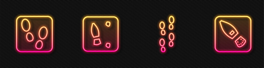 Set line Human footprints shoes, , and . Glowing neon icon. Vector