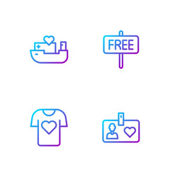 Set line Volunteer id card or badge, Clothes donation, Humanitarian ship and Free sign. Gradient color icons. Vector