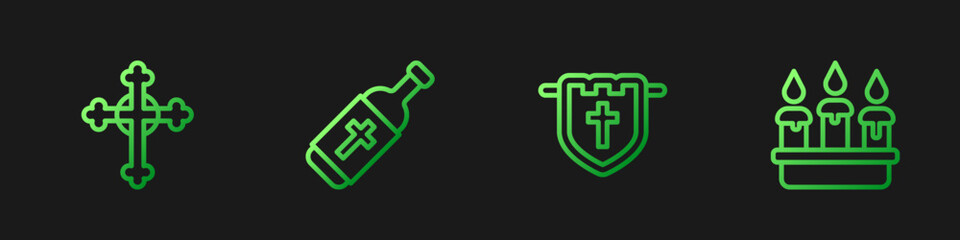 Set line Flag with christian cross, Christian, Holy water bottle and Burning candle in candlestick. Gradient color icons. Vector