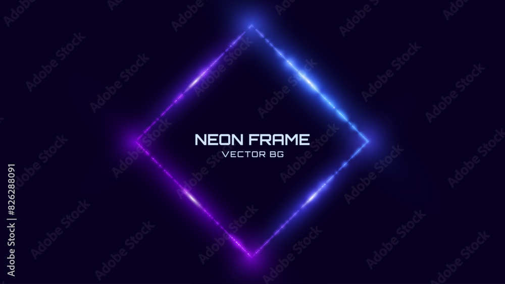 Aufkleber Neon Rhombus Frame. Blue and Purple Neon Lights Rectangle Sign. Abstract Cyberpunk Background Tunnel Portal. Geometric Glow Outline Shape. Abstract Vector Background With Space For Your Text.