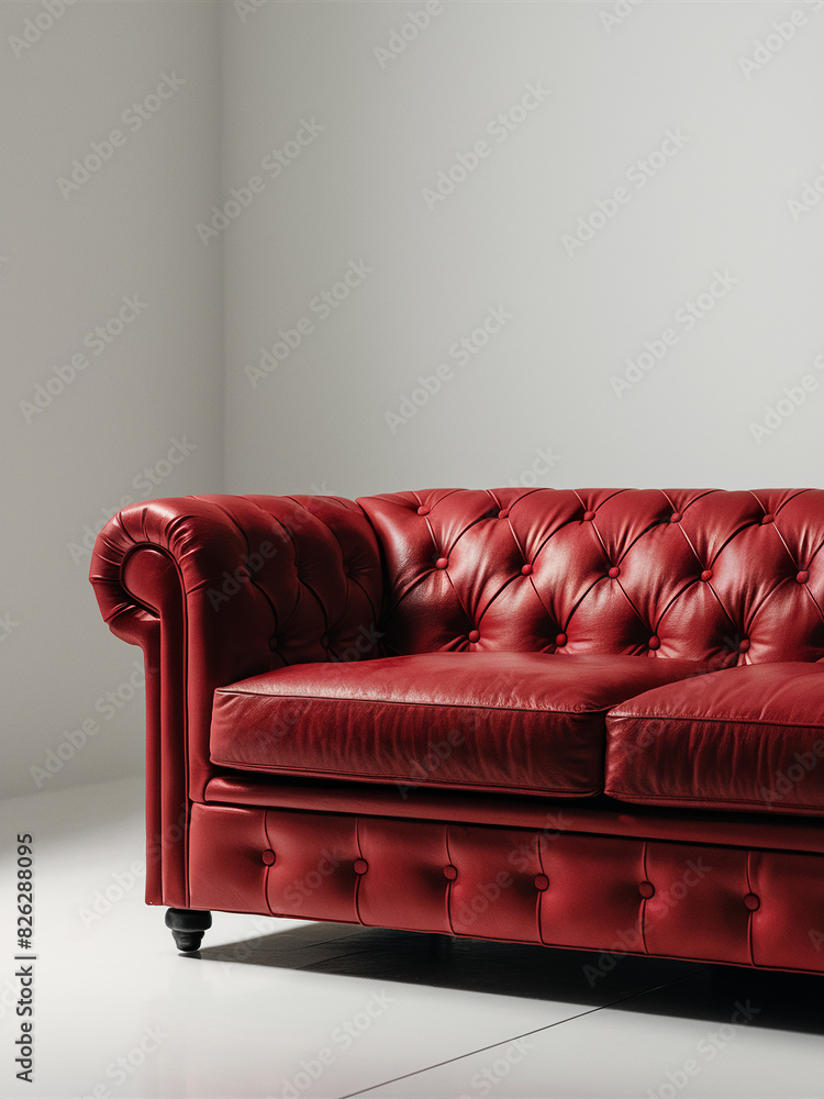 Poster A luxurious red sofa with curved armrests and sophisticated button-tufted upholstery, displayed against a white background.
