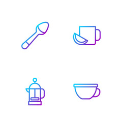 Set line Cup of tea, French press, Teaspoon and with lemon. Gradient color icons. Vector
