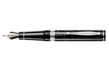 Luxurious black fountain pen with intricate silver detailing. Perfect for elegant writing, calligraphy, or as a collector's item.