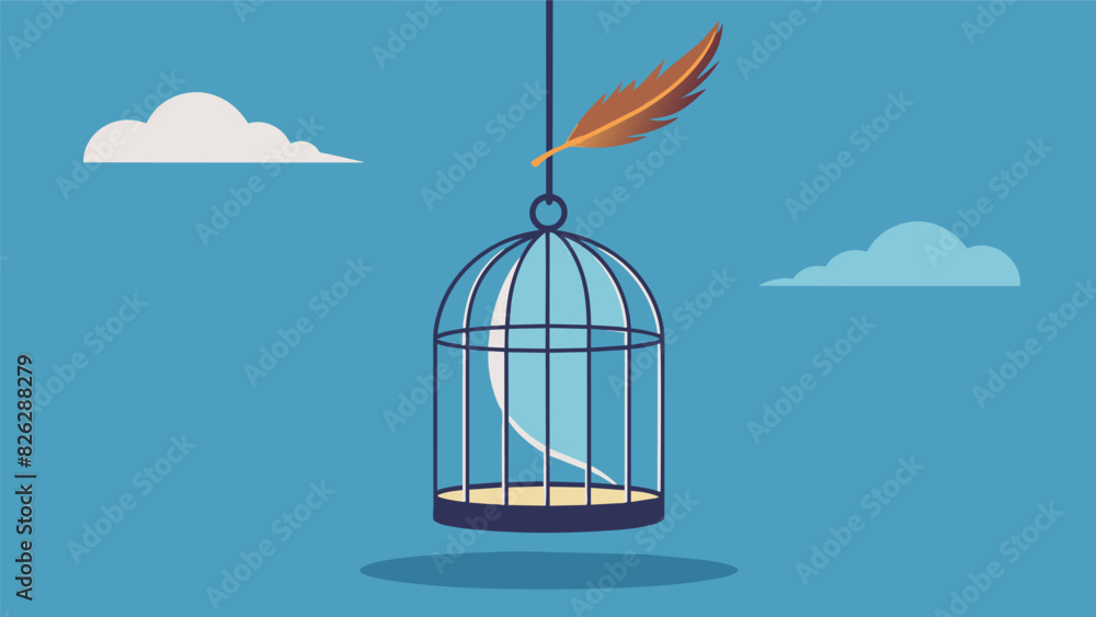 Poster an empty birdcage with a single feather drifting out representing the dreamers release from past obl
