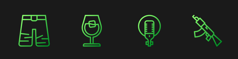 Set line Microphone, Wide pants, Wine glass and Submachine gun. Gradient color icons. Vector