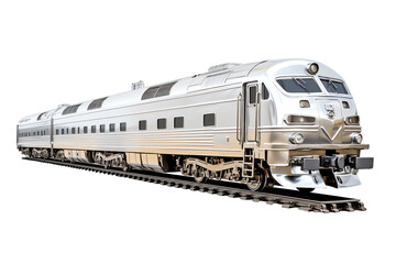 Obraz premium Modern silver passenger train isolated on white background, depicting fast and efficient transportation. Perfect for travel and transport concepts.