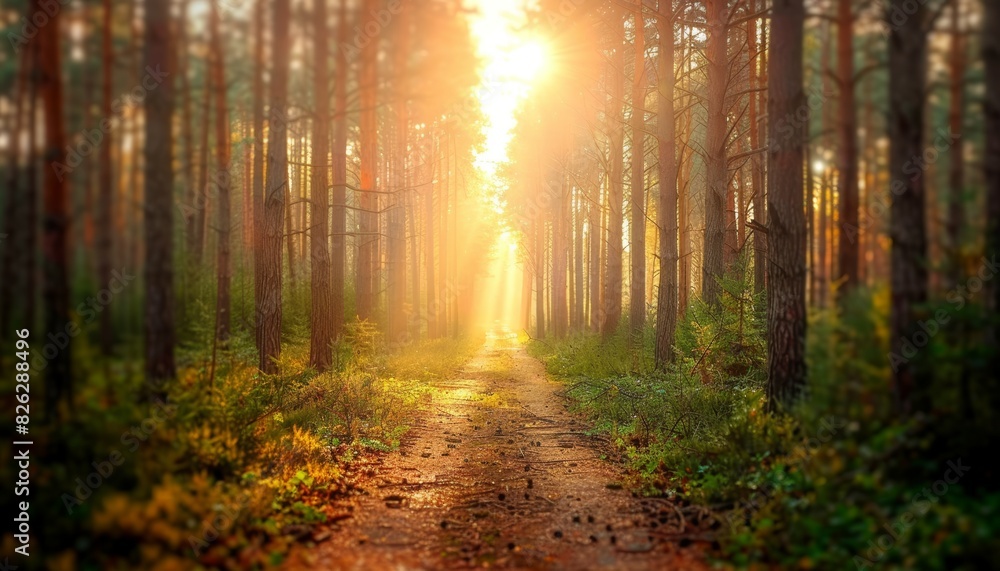 Poster beautiful trees and scenic path in forest with sunlight streaming through branches