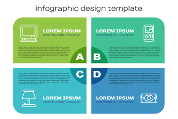 Set line Table lamp, Retro tv, Classic carpet and Portable video game console. Business infographic template. Vector