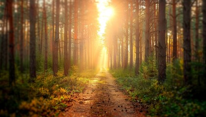Beautiful trees and scenic path in forest with sunlight streaming through branches