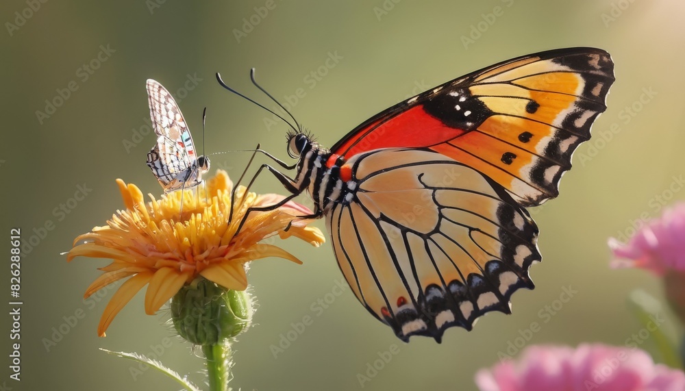 Sticker a butterfly flying around on top of flowers and leaves at sunset