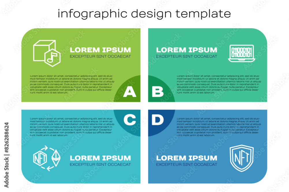 Poster set line ethereum exchange nft, digital crypto art, shield and binary code. business infographic tem