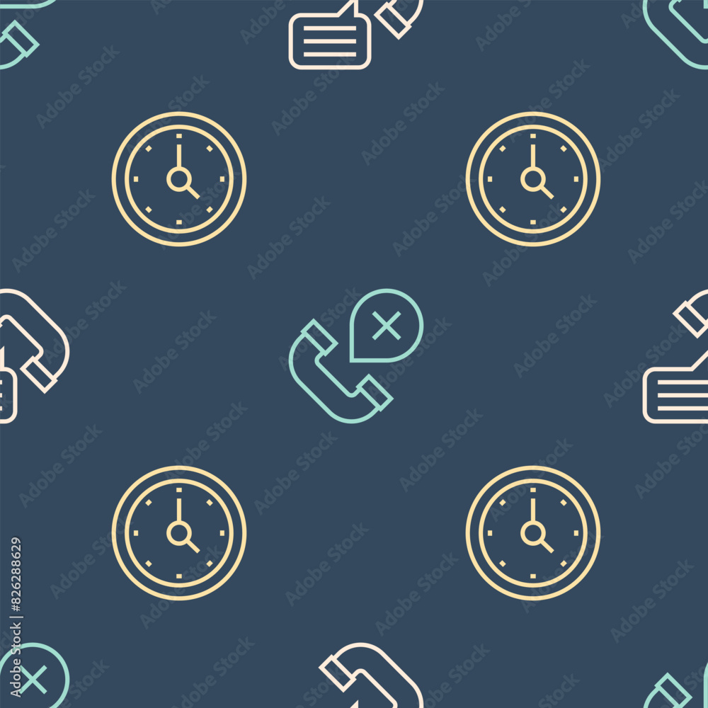Aufkleber set line telephone conversation, clock and declined or missed call on seamless pattern. vector