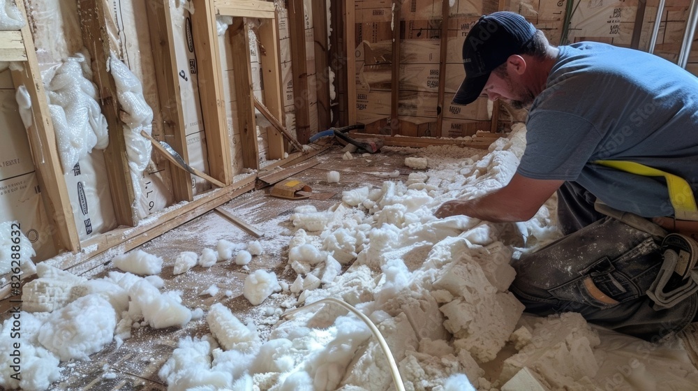 Aufkleber a contractor evaluating the thickness and placement of existing insulation before adding more to a r