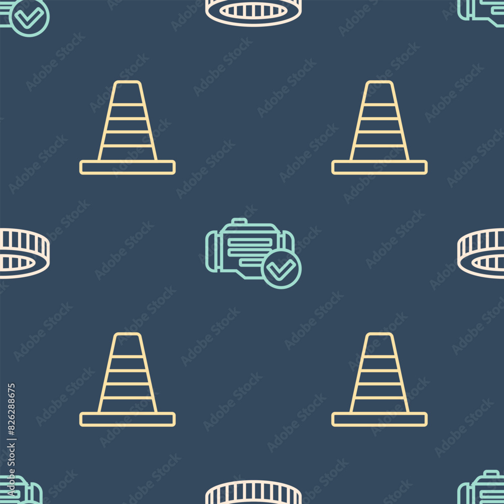 Poster set line car air filter, traffic cone and check engine on seamless pattern. vector