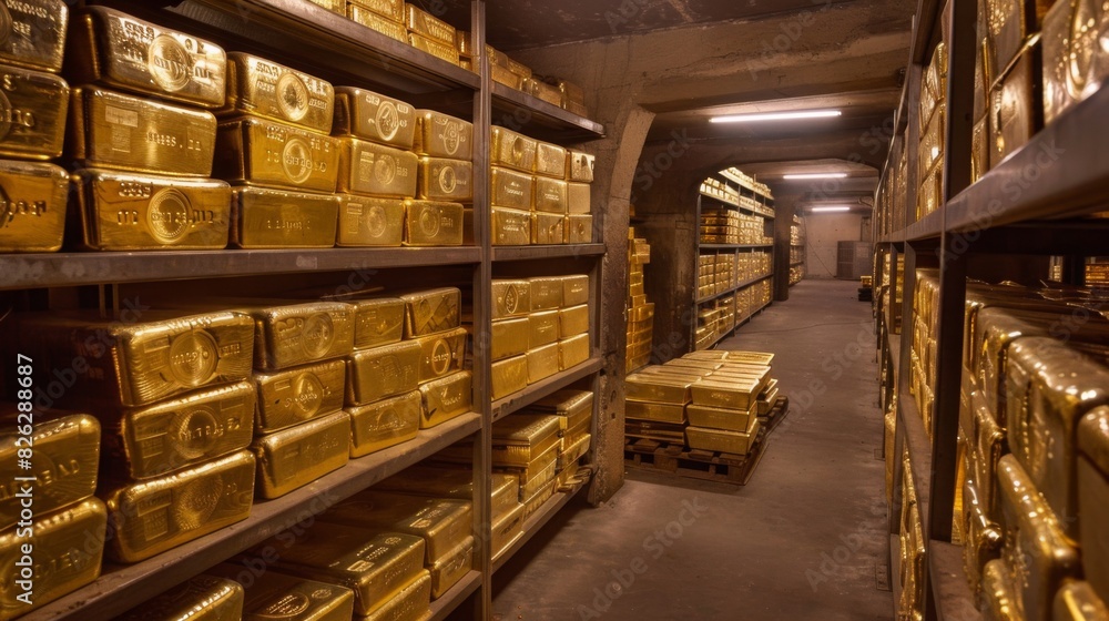 Poster a room overflowing with numerous gold bars stacked to the ceiling, creating a shimmering and luxurio