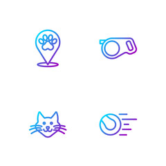 Set line Pet toys ball, Cat, Location veterinary hospital and Retractable cord leash. Gradient color icons. Vector