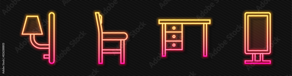 Wall mural set line office desk, wall sconce, chair and big full length mirror. glowing neon icon. vector