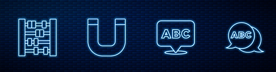 Set line Alphabet, Abacus, Magnet and . Glowing neon icon on brick wall. Vector