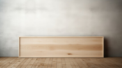 Minimalistic wooden bench against a plain grey wall on wooden flooring, perfect for interior design or furniture focus in modern home decor.