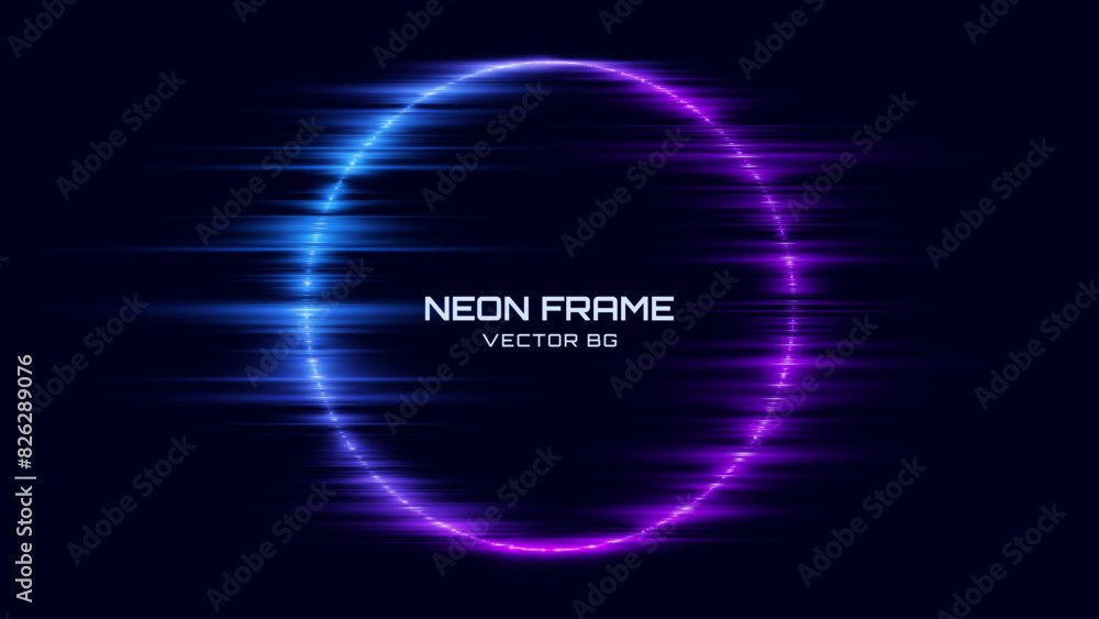 Poster neon circle frame. blue and purple neon lights round sign. abstract cyberpunk background tunnel port