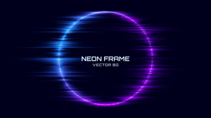 Neon Circle Frame. Blue and Purple Neon Lights Round Sign. Abstract Cyberpunk Background Tunnel Portal. Geometric Glow Outline Shape. Abstract Vector Background With Space For Your Text.