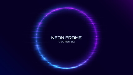 Neon Circle Frame. Blue and Purple Neon Lights Round Sign. Abstract Cyberpunk Background Tunnel Portal. Geometric Glow Outline Shape. Abstract Vector Background With Space For Your Text.