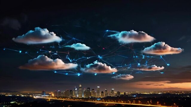 Data gets uploaded to the cloud, where video clouds float against a dark background. Shimmering data fragments soar towards the cloud server for storage.