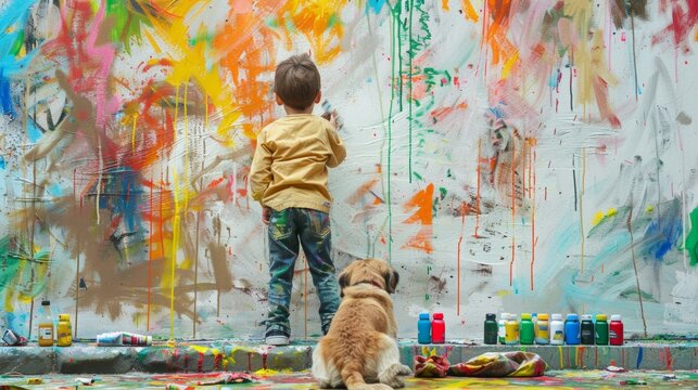 A little kid and a dog paint with colors on wall