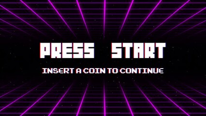 PRESS START INSERT A COIN TO CONTINUE .pixel art .8 bit game.retro game. for game assets in vector illustrations.Retro Futurism Sci-Fi Background. glowing neon grid.and stars from vintage arcade comp - Powered by Adobe
