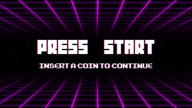 PRESS START INSERT A COIN TO CONTINUE .pixel art .8 bit game.retro game. for game assets in vector illustrations.Retro Futurism Sci-Fi Background. glowing neon grid.and stars from vintage arcade comp