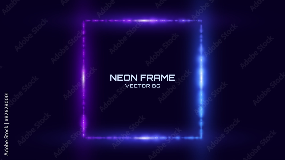 Poster neon square frame. blue and purple neon lights rectangle sign. abstract cyberpunk background tunnel 