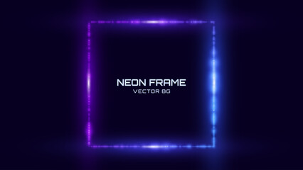 Neon Square Frame. Blue and Purple Neon Lights Rectangle Sign. Abstract Cyberpunk Background Tunnel Portal. Geometric Glow Outline Shape. Abstract Vector Background With Space For Your Text.