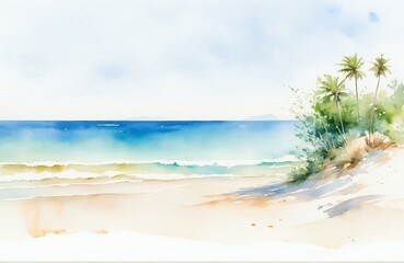 A watercolor painting captures the serene beauty of the beach, set against a pristine white background. The soft hues and gentle brushstrokes evoke a sense of calm and tranquility.
