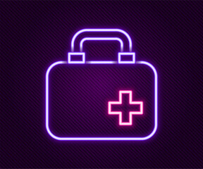 Obraz premium Glowing neon line First aid kit icon isolated on black background. Medical box with cross. Medical equipment for emergency. Healthcare concept. Colorful outline concept. Vector