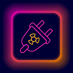 Glowing neon line Radiation electrical plug icon isolated on black background. Nuclear energy. Colorful outline concept. Vector