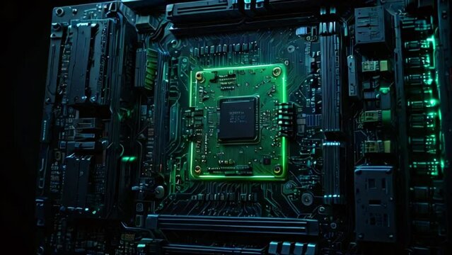 Intricate designs of CPUs, microchips, computing processors, and electronic circuit boards are presented in looping videos of advanced technologies by generative AI.
