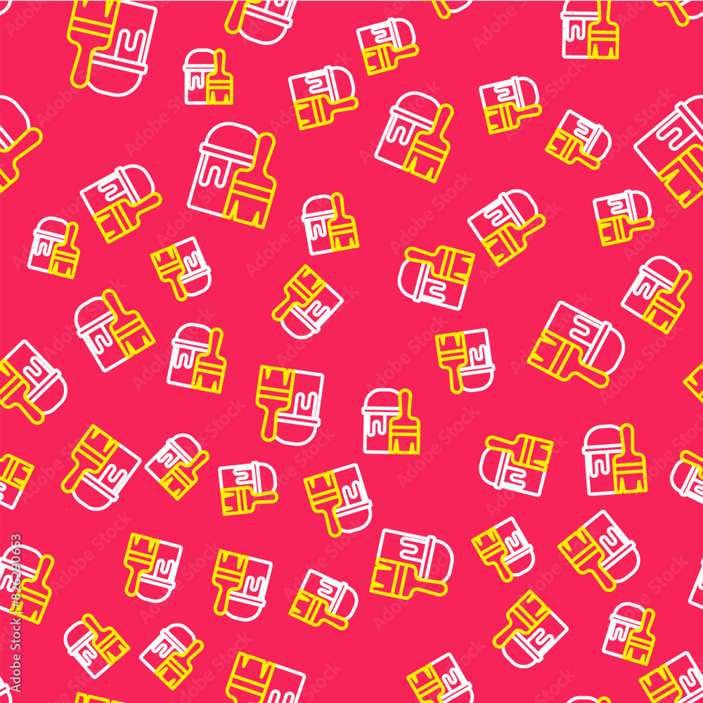 Poster line paint bucket with brush icon isolated seamless pattern on red background. vector