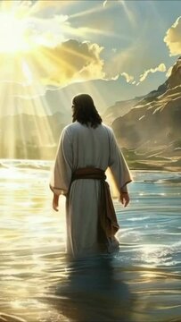 Jesus Christ baptism in jordan river in holy light rays - 4k 9x16 vertical new stock video animation footage AI