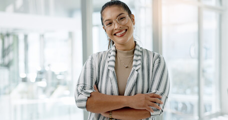 Business woman, face and arms crossed with a writer and smile at creative agency ready for work....