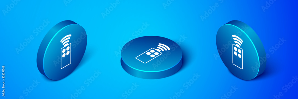 Poster isometric remote control for the camera icon isolated on blue background. an auxiliary device that a