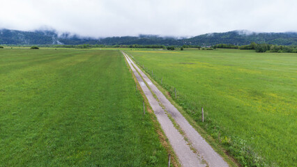 Nature landascape aerial shot of green field in Croatia